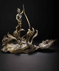 Kaliya Mardan Krishna bronze sculpture figurine holding curved staff, serpent coiled