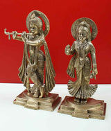 Brass standing Radha and Krishna statues, 15-inch pair, Radha raising hand and Krishna holding flute