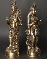 Brass Standing Shiva and Parvati figurines, side view, blessing poses, set of two