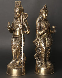 Brass Standing Shiva and Parvati figurines, side view, blessing poses, set of two
