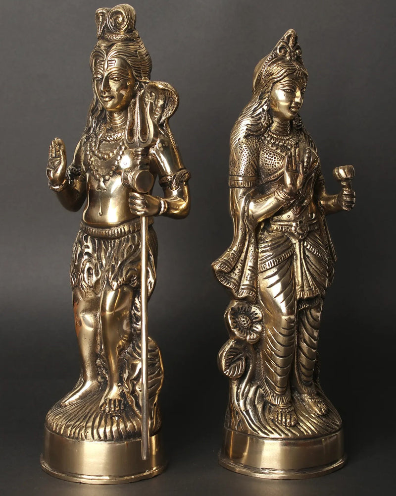 Standing Shiva Parvati Idol in Blessing Gesture | Set of Two Brass Statues 12 Inches