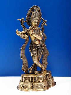 AONA natural brass Krishna statue, standing and fluting, 14 in, ornate headdress