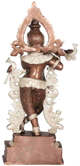 Back view Krishna brass statue, large flaming halo, holding flute, decorative drapery