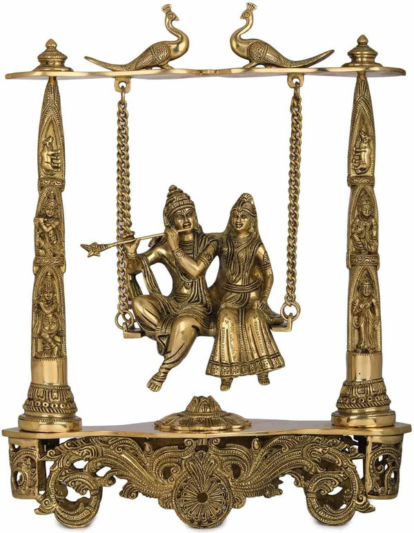 Natural Brass Statue of Radha Krishna on a Peacock Swing 18 Inches