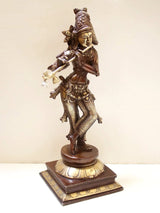 AONA natural brass Krishna figurine on pedestal, standing flute pose