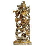 Silver-and-gold brass statue of Murali Krishna Venugopala with flute, full figure