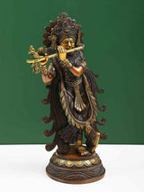Brass Lord Krishna statue playing flute, detailed jewelry and draped garments