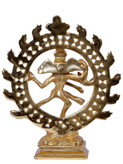 Gold-plated brass Dancing Shiva Nataraja idol, three-quarter view of ring and feet