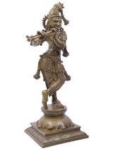 Krishna playing flute brass figure in tribhanga pose, detailed attire, on pedestal