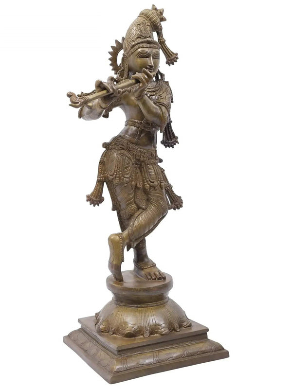 The Tribhanga Murari (Krishna) Playing the Flute in Branch Brass 23 inches Entryway Setting