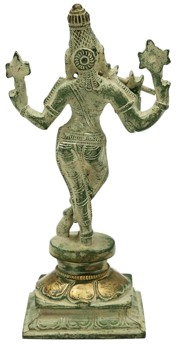 Handmade Patina Gold Brass Lord Murli Krishna Statue 7.2 INCHES Study Setting