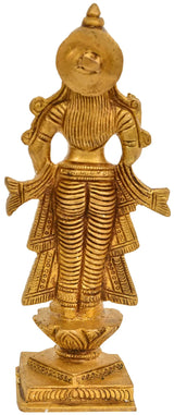 Small natural brass Radha Ji statue, back view, ornate dress, 5 inch