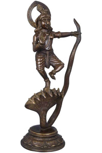 AONA brown brass Krishna statue of Kaliya Vijaya Lila, archer pose with raised arm