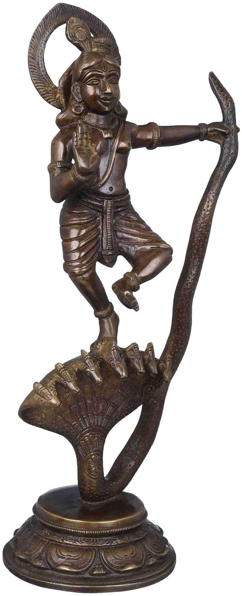 Brown chala Brass Statue Depicting Kaliya Vijaya Lila of Shri Krishna 13 inches