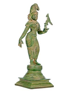 Mud green brass Devi Andal statue facing left, parrot in raised right hand