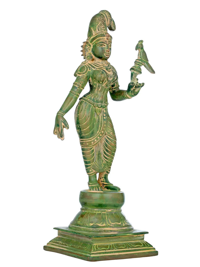 Mud green Brass Statue of Devi Andal Holding a Parrot 12 inches