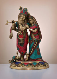 Brass Radha-Krishna sculpture, teal and red inlay saris, Krishna with flute, 16-inch