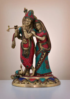 Brass Radha-Krishna sculpture, teal and red inlay saris, Krishna with flute, 16-inch
