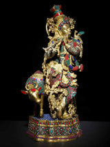 Venugopal Krishna brass statue on cow, jeweled enamel inlay details, standing pose