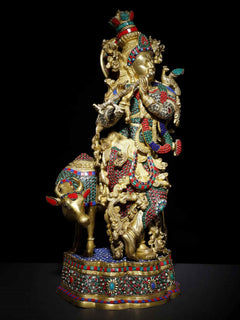 Venugopal Krishna brass statue on cow, jeweled enamel inlay details, standing pose