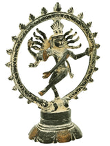Nataraja idol sculpture, green patina and gold accents, 4-arm figure inside ornate ring
