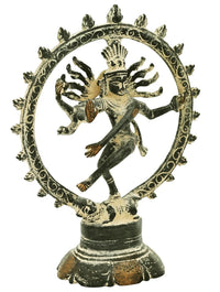 Nataraja idol sculpture, green patina and gold accents, 4-arm figure inside ornate ring