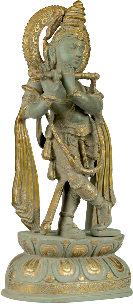 Handmade Brass Statue of Long-Plaited Lord Krishna 19 Inches