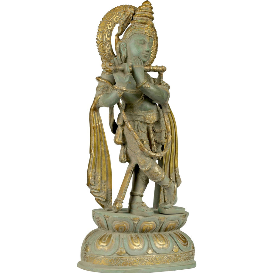 Handmade Brass Statue of Long-Plaited Lord Krishna 19 Inches Craft Detail