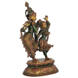 Brass Radha and Krishna dance figurine, green robes, detailed jewelry, round base