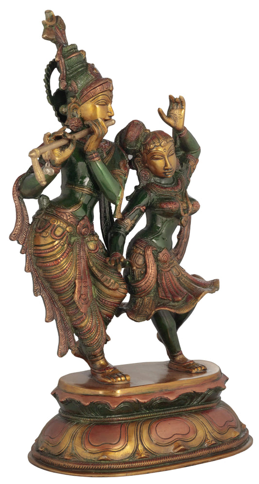 Henna Touch Brass Statue of Radha and Krishna Engaged in Ecstatic Dance 16 INCHES