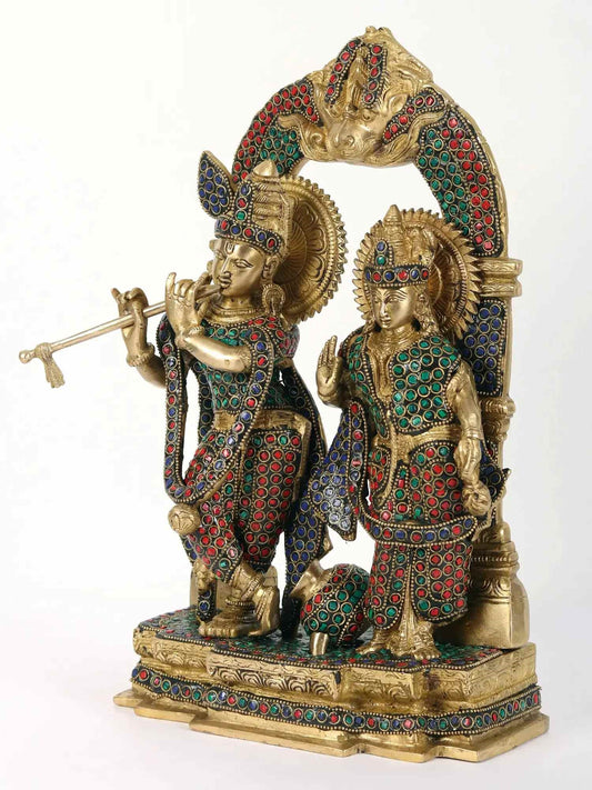 Brass Statue of Radha Krishna with Milk Pot featuring Inlay Work 14 inches