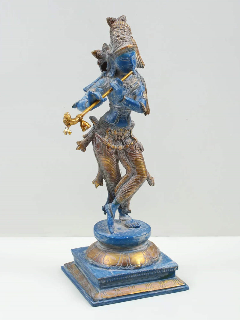 Blue gold Brass Statue of Standing Lord Krishna Playing the Flute 14 inches