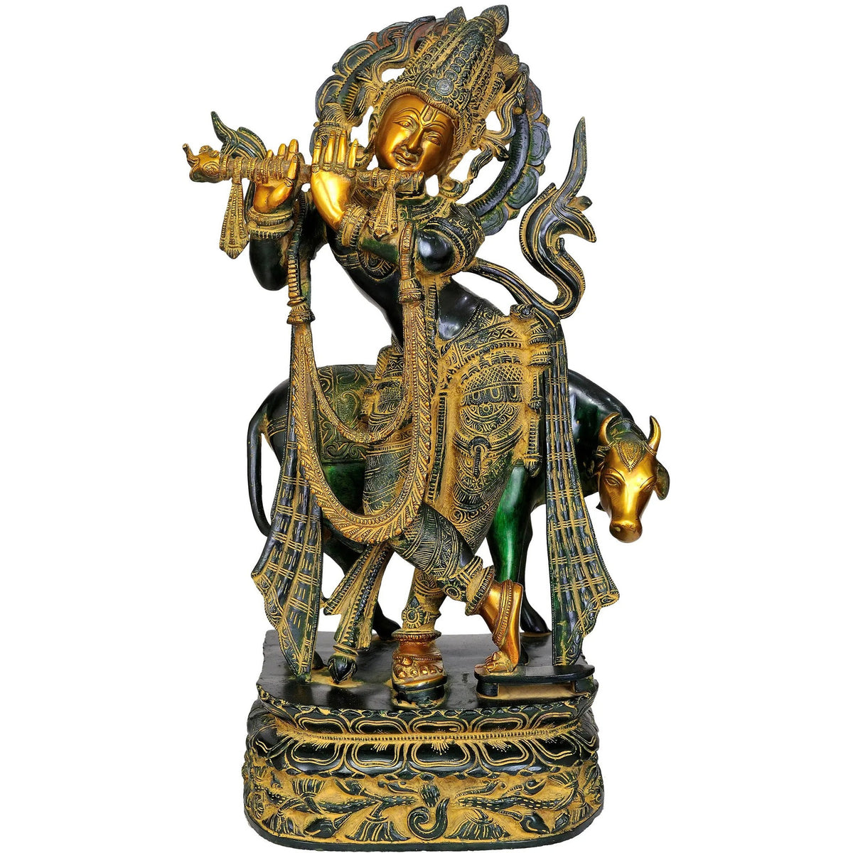 Handmade brass Gopala Krishna statue with flute, standing on detailed base, 22 in