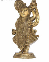 Shrinathji Krishn brass idol, gold-toned, detailed jewelry and arching raised arm
