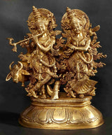 Brass Radha Madhav standing statue with cow, Krishna flute and Radha fan details