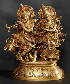Brass Radha Madhav standing statue with cow, Krishna flute and Radha fan details