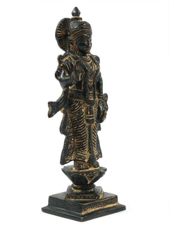 Antique black brass Radha Ji statue, side view, ornate jewelry and draped robe