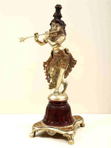 Brass Lord Krishna standing with flute, ornate crown and carved pedestal, 12 in