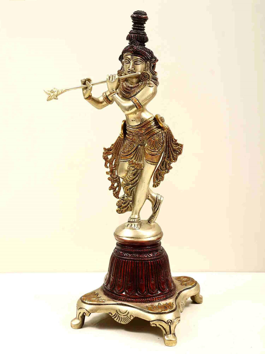 Triple Chala Brass Statue of Lord Krishna on a High Pedestal 12 INCHES Craft Detail