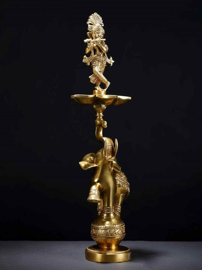 Brass Lamp of Fluting Krishna with Five Wicks on Elephant 17 Inches