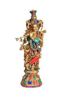 Lord Krishna brass flute figurine, jeweled multicolor outfit, 24 in