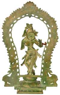 Krishna brass statue with detailed armor and circular aureole, side view, 18 in