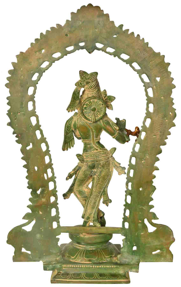 Handmade Brass Statue of Lord Krishna with Aureole 18 Inches Entryway Setting