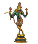 Brass Lord Krishna statue in cosmic form, standing pose with flute and raised hand