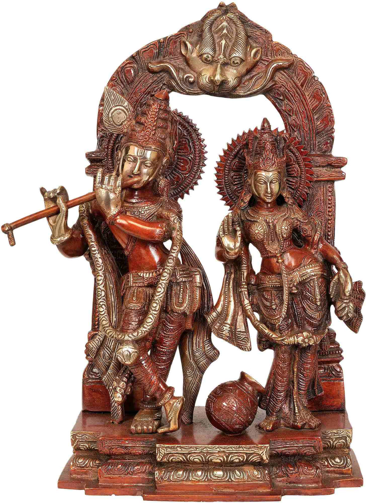 Handcrafted brass Krishna and Radha statue, two standing figures with ornate detailing