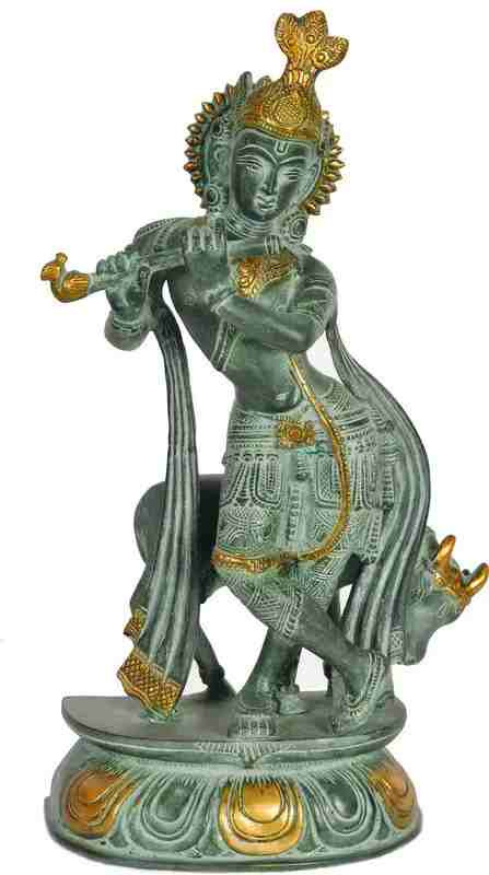 Super Antique Brass Sculpture of Krishna with Cow 13 inches