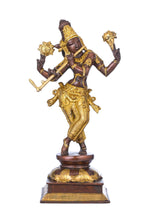 Handmade brass Krishna cosmic form statue, brown and gold, sword and disc-like ornament raised