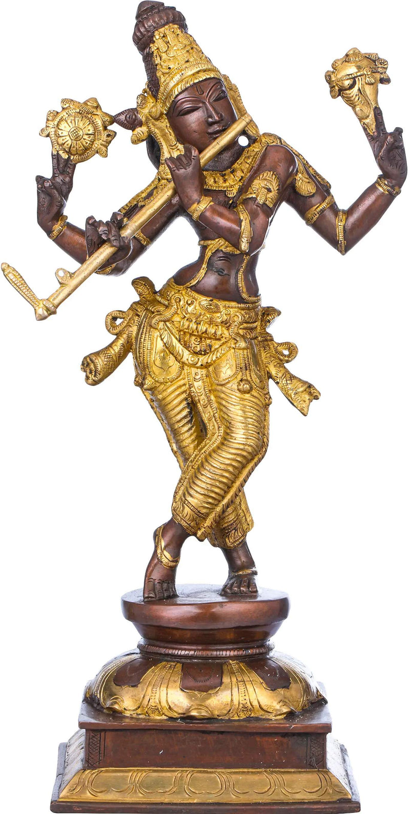 Handmade Brown Gold Brass Statue Depicting Lord Krishna's Cosmic Form, the Eighth Incarnation of Vishnu 14 inches