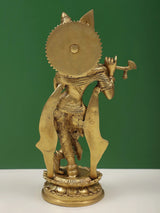 Brass Murlidhar Krishna sculpture back view, flute pose, detailed armor textures