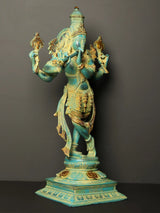 Krishna as Vishnu avatar statue in turquoise patina brass, side view, gold ornamented halo
